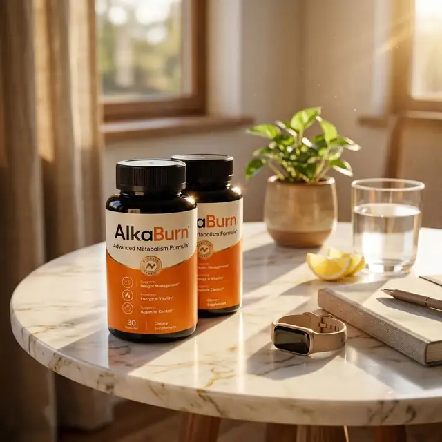 Two bottles of AlkaBurn capsules on a marble table with a glass of water