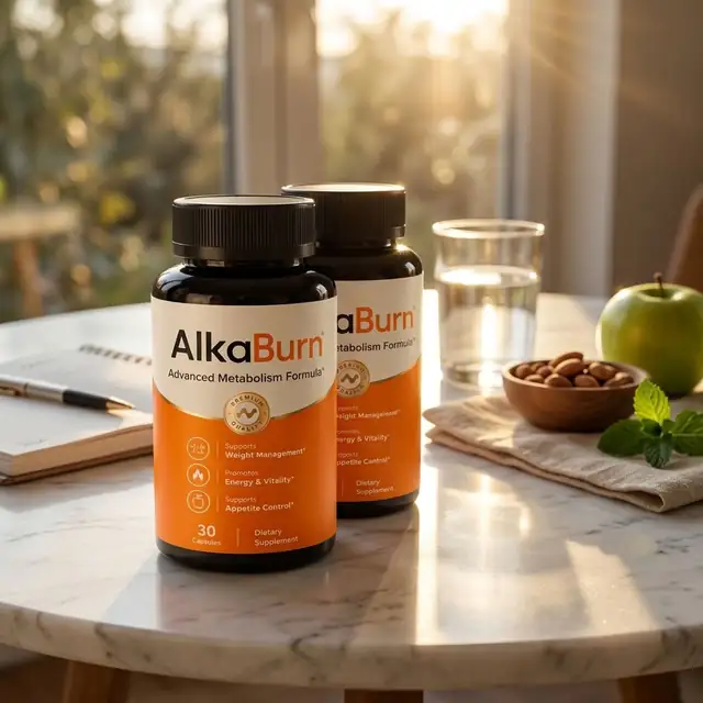 Two bottles of AlkaBurn Advanced Metabolism Formula on a marble table by a sunny window