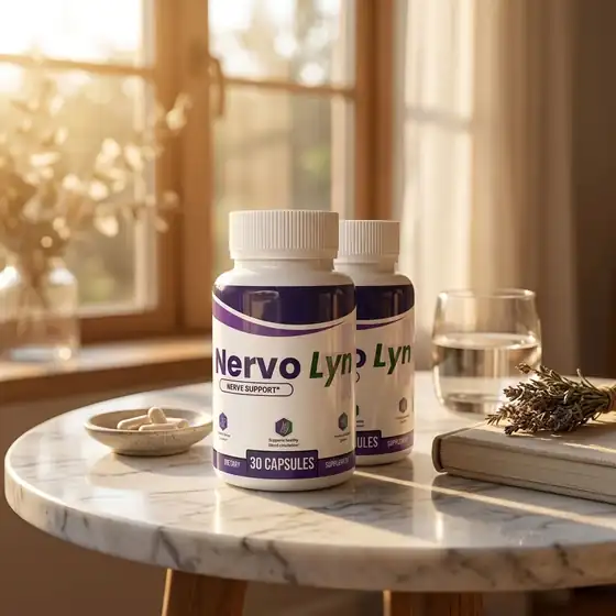 Two bottles of NervoLyn nerve support capsules on a marble table