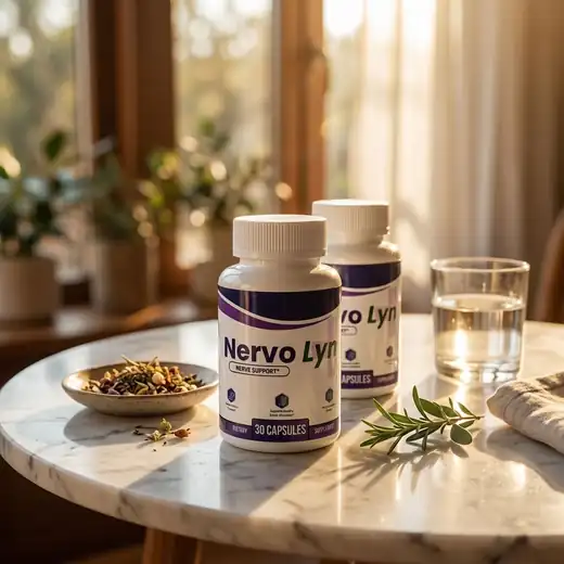 NervoLyn bottles next to a glass of water and herbs