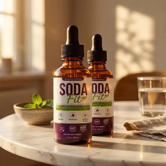 Two SodaFit dropper bottles on a marble table